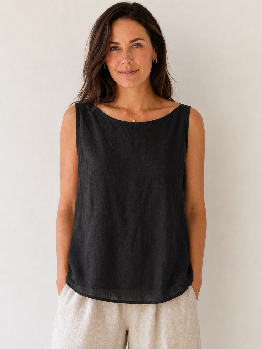 FLAX 100% Linen Black Sleeveless Tank Top Medium Made in Lithuania